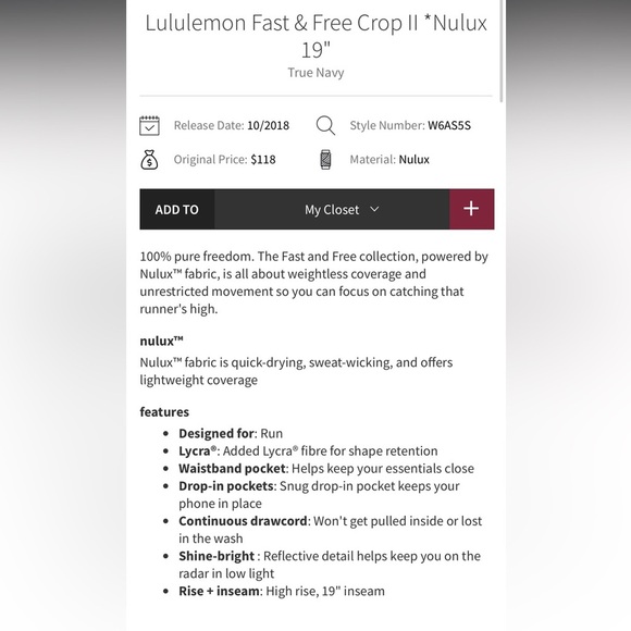 Lululemon Fast & Free Crop II* NULUX 19" in True Navy - Picture 5 of 9